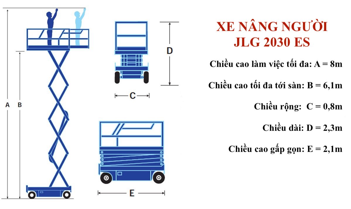 Cho thuê xe nâng người 6m sàn 8m làm việc JLG 2030 ES